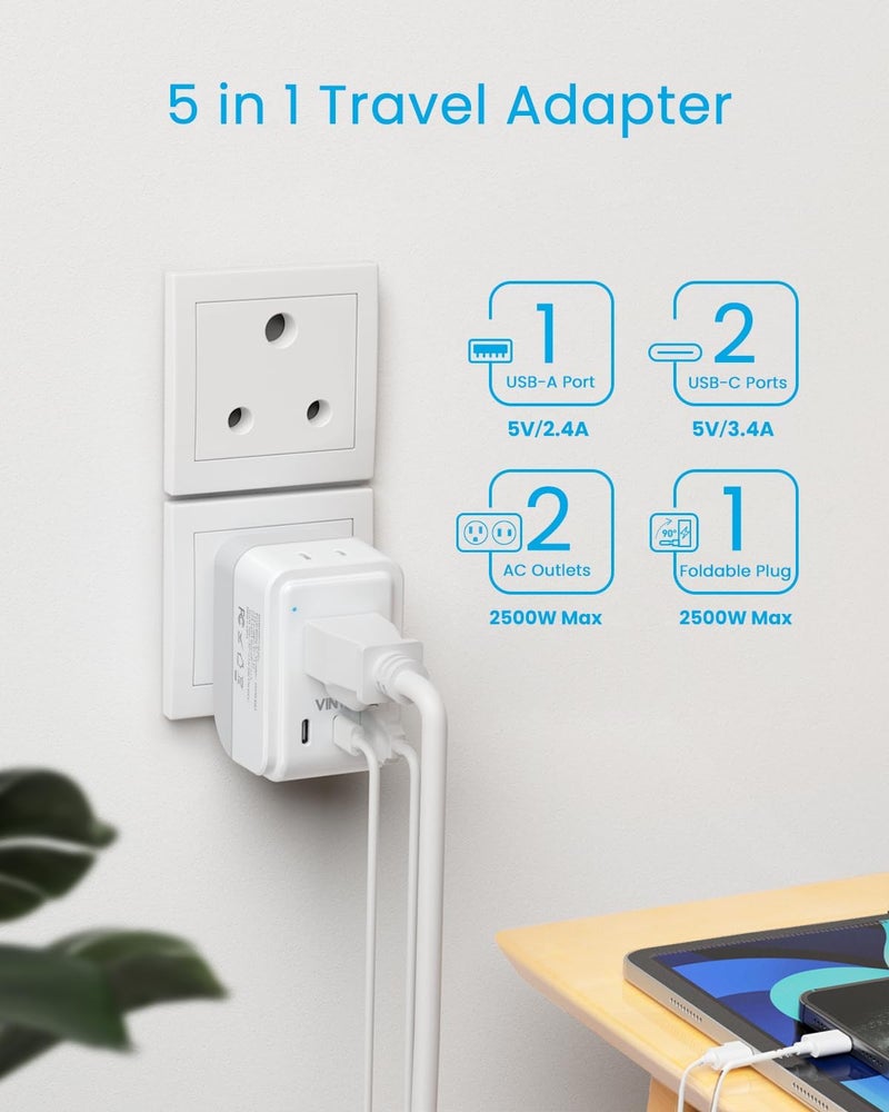 VINTAR محول قابس من الولايات المتحدة إلى الهند، محول طاقة هندي قابل للطي مع 2 مخرج و 3 منافذ USB (2 USB C)، محول نوع D 5 في 1 من الولايات المتحدة إلى الهند بنغلاديش جزر المالديف باكستان سريلانكا - Image 4